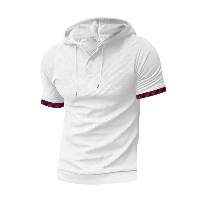 Herren nan schmal geschnittenes Kurzarm-Kapuzenshirt im Polostil mit Henley-Ausschnitt und karierter Ärmelmanschette R&B