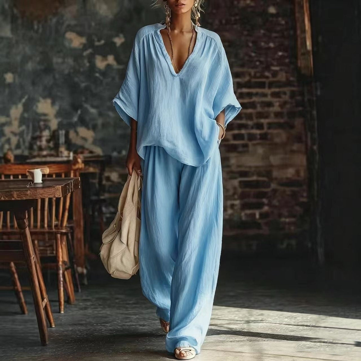 Damen nan lässiges zweiteiliges Leinenoptik-Set mit tiefem V-Ausschnitt, OversizR&Bluse und weitem Palazzo-Hosen R&B