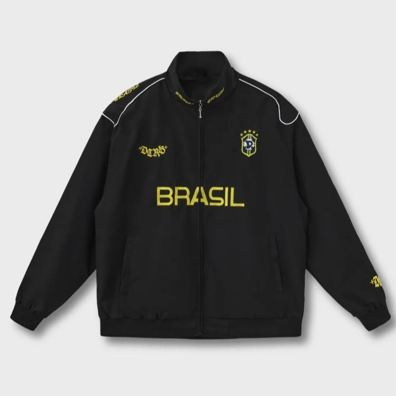 Unisex nan sportliche Retro-Trainingsjacke mit Stehkragen Reißverschluss Brustemblem und Brasilien-Schriftzug R&B