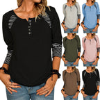 Damen lässiges Langarmshirt mit gestreiften Farbblockdetails und Knopfverschluss