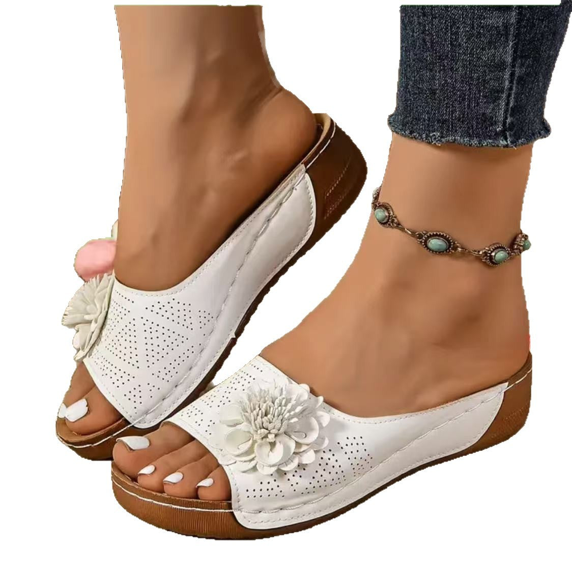 Damen Pantolette mit modischer Perforation und eleganter Blumenapplikation R&B