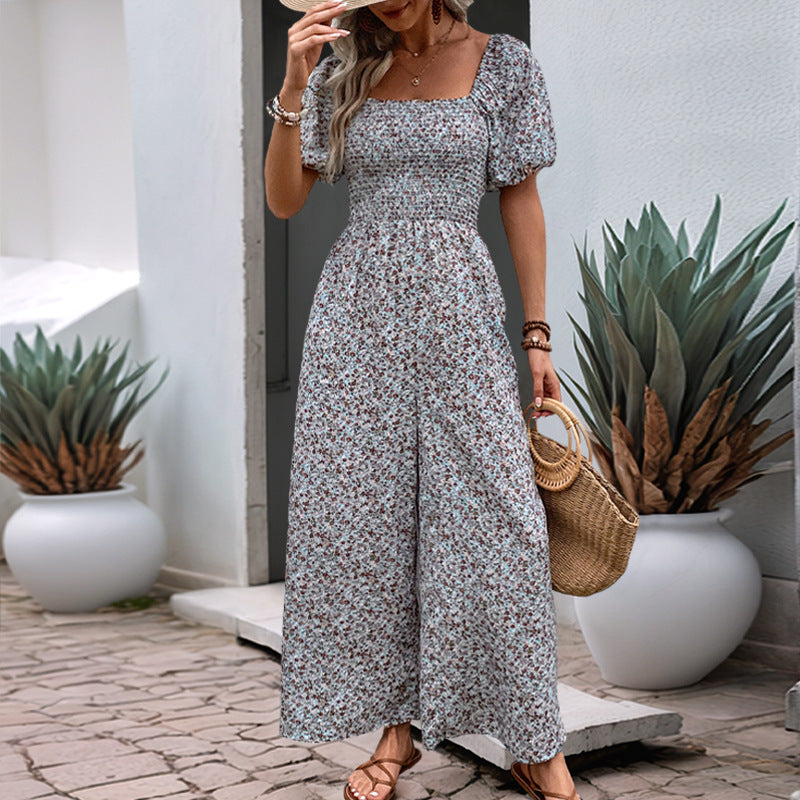 Damen farbenfrohes Blumensommeroverall mit Puffärmeln R&B
