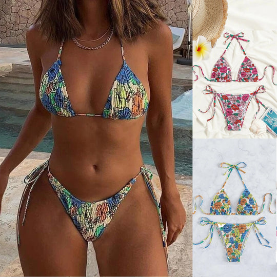 Damen Triangel-Bikini mit floralem Design und verstellbaren Bindebändern R&B