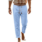 Herren nan maritime Leinen-Loungehose mit dekorativem Ethno-Bund, elastischem Tunnelzug und geradem Bein R&B