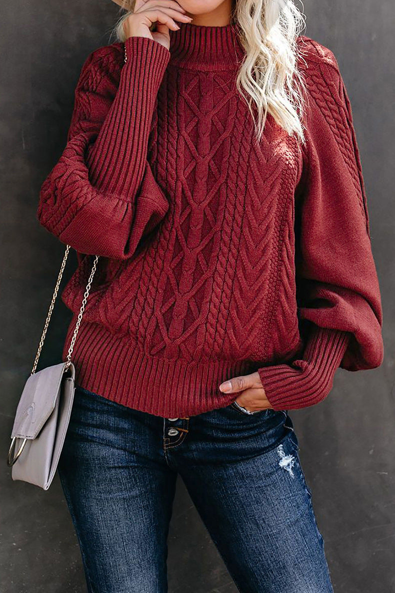 Damen Grobstrickpullover mit hohen Kragen und voluminösen Ärmeln R&B