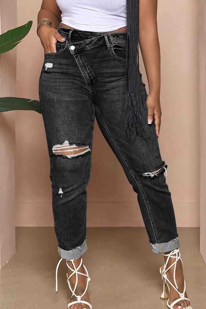 Damen lässige Mom-Jeans mit trendigen Rissen R&B
