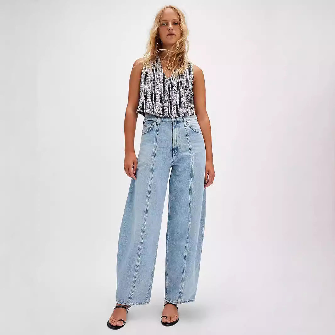 Damen Weite Denim-Hose mit hohem Bund und dekorativem Kordelzug R&B