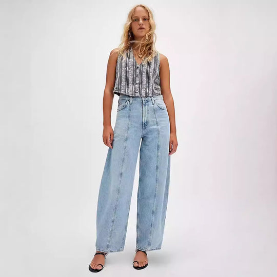 Damen Weite Denim-Hose mit hohem Bund und dekorativem Kordelzug R&B