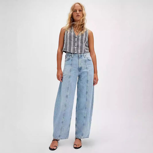 Damen Weite Denim-Hose mit hohem Bund und dekorativem Kordelzug R&B