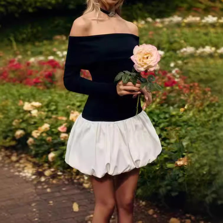 Damen Off-Shoulder Minikleid mit voluminösem Rock und langen Ärmeln R&B