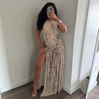 Damen Maxikleid mit seitlichem Schlitz und elegantem Animal-Print R&B