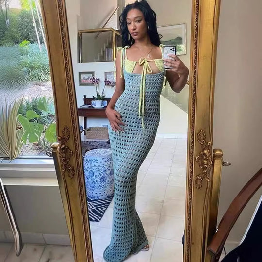 Damen gehäkeltes Maxikleid mit tiefem V-Ausschnitt und eleganter Schleifenverzierung R&B