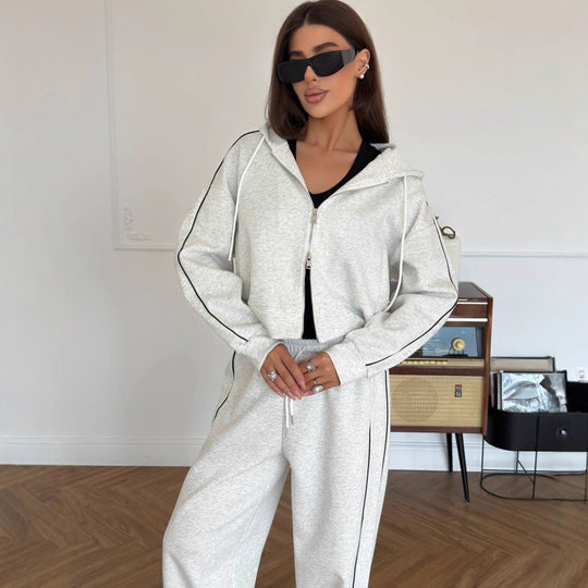 Damen sportliches Freizeit-Set aus trendigem Hoodie und weitem Stoffhose R&B