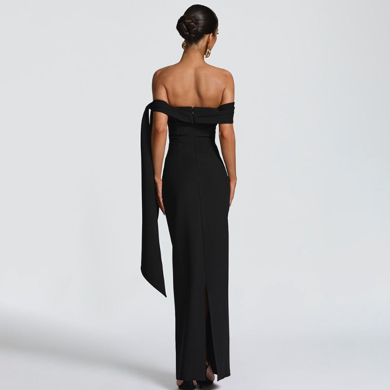 Damen Elegantes Abendkleid mit Off-Shoulder-Design und Fließendem Cape R&B