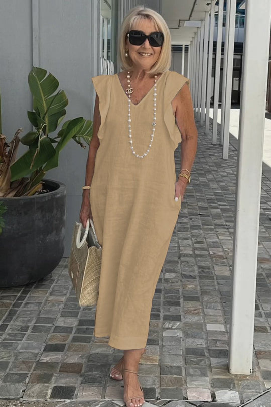 Damen Leichtes Maxikleid mit V-Ausschnitt und seitlichen Taschen R&B