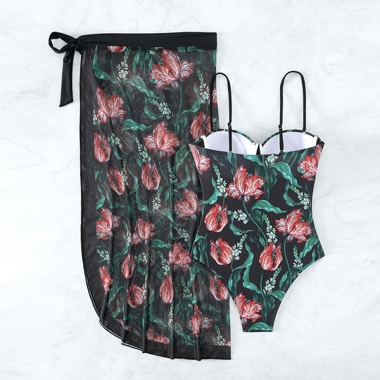 Damen Bademode mit floralem Muster und transparenter Sarong-Hülle R&B