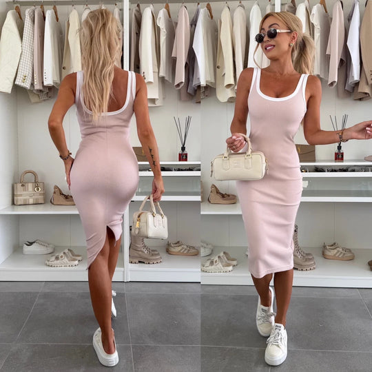 Damen figurbetontes Midi-Kleid mit breiten Trägern und schmalem Schnitt Heidi-Mode