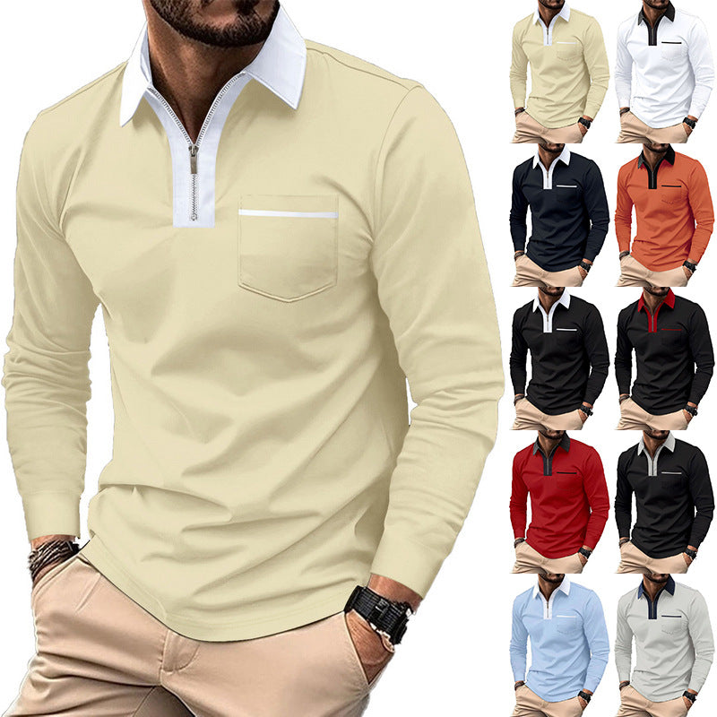 Herren Modisches Langarm-Polohemd mit Reißverschluss und Brusttasche R&B