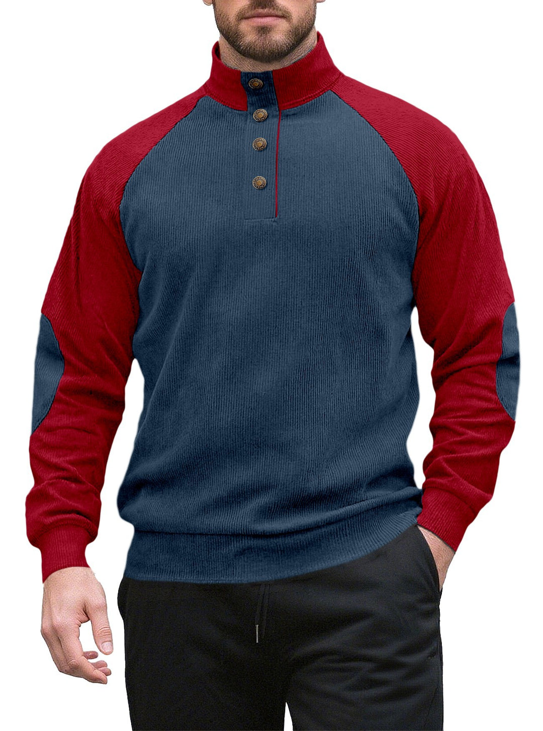 Herren nan zweifarbiger Ripptroyer mit asymmetrischer Knopfleiste und Velours-Ellbogenpatch R&B