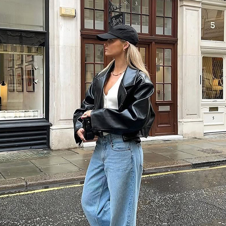 Damen modische Kunstlederjacke mit oversized Schnitt R&B