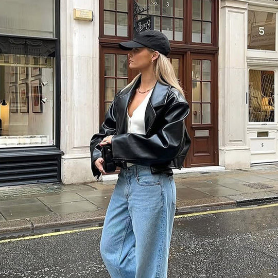 Damen modische Kunstlederjacke mit oversized Schnitt R&B