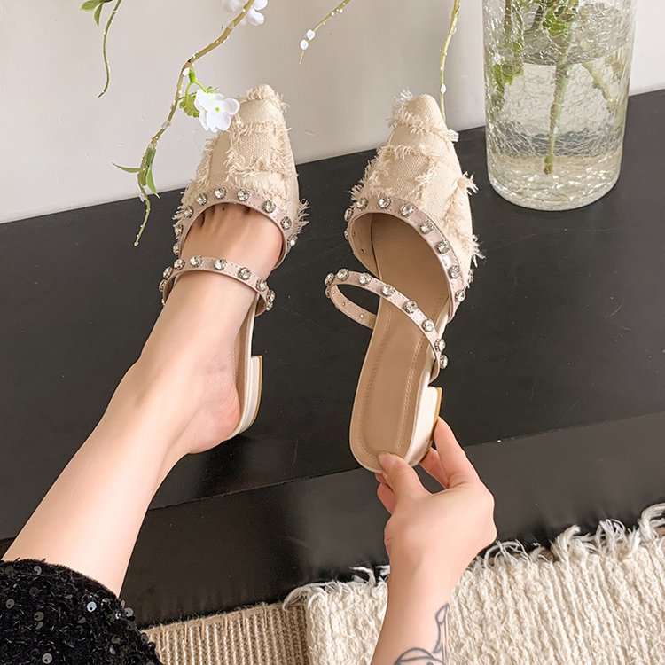 Damen elegante Mules mit schimmerndem Riemen und Fransen R&B