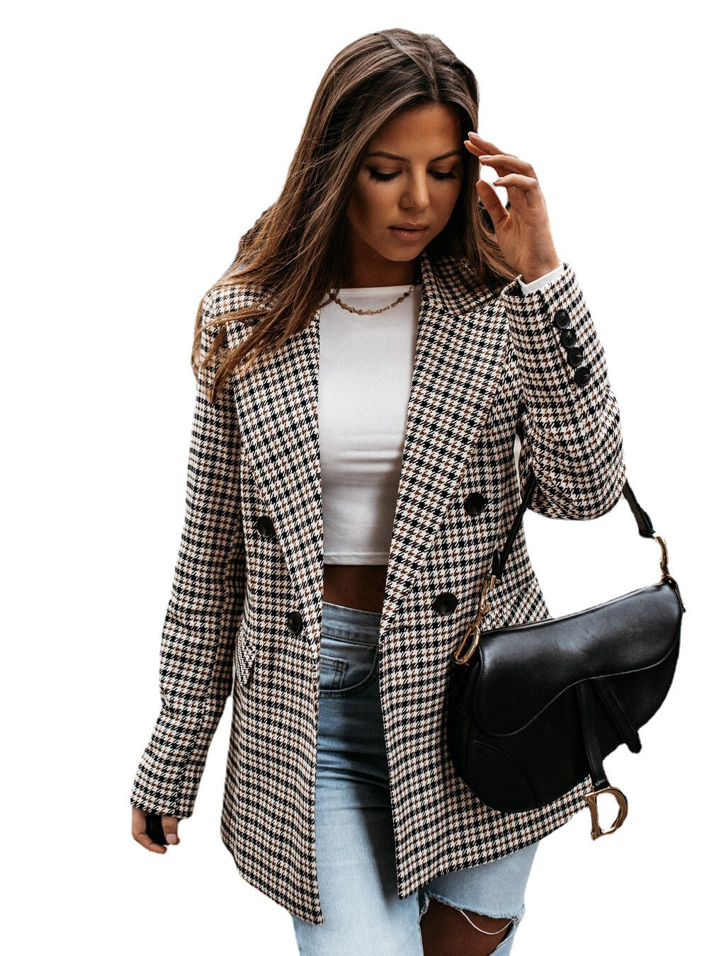Damen lässiger Oversized-Blazer mit klassischem Hahnentrittmuster R&B