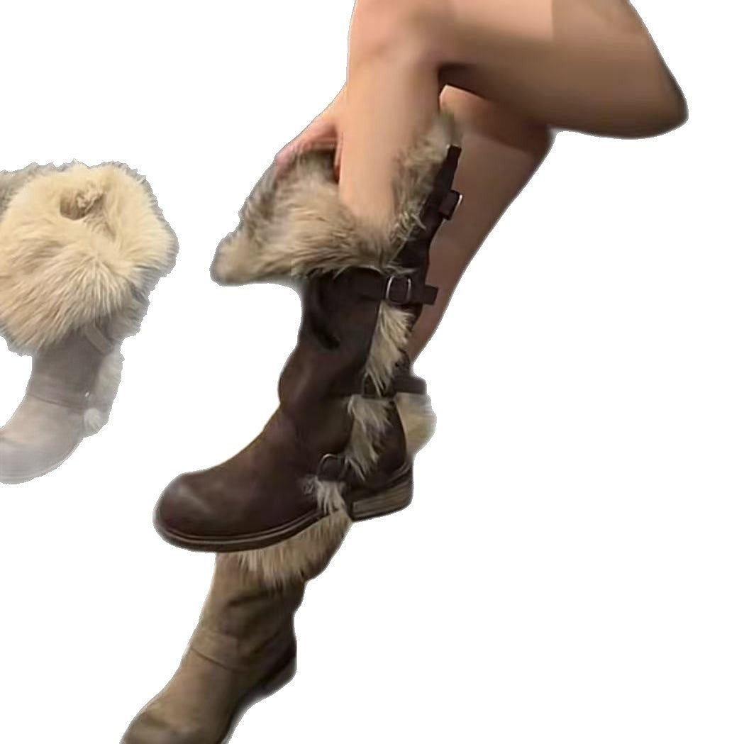 Damen Winterstiefel mit flauschigem Kunstfellkragen und modischen Schnallen R&B