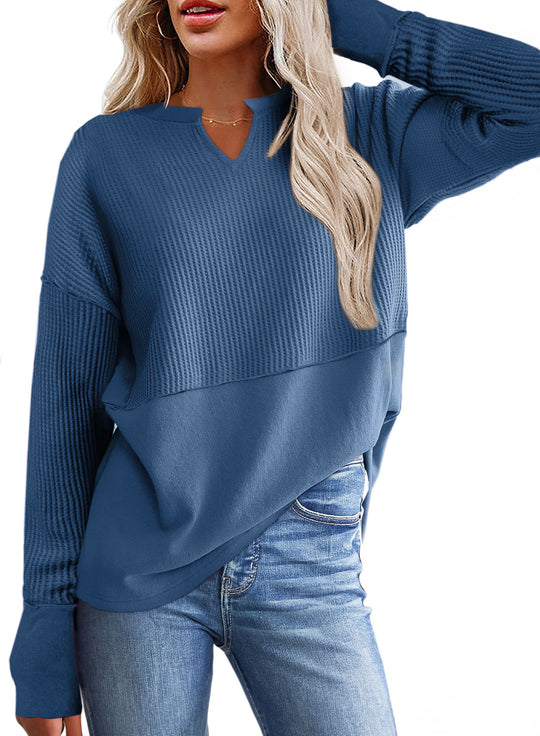 Damen lässiger Knit-Pullover mit V-Ausschnitt und Struktur R&B