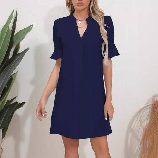 Damen Elegantes Kurzarm-Kleid mit V-Ausschnitt und Schößchen R&B