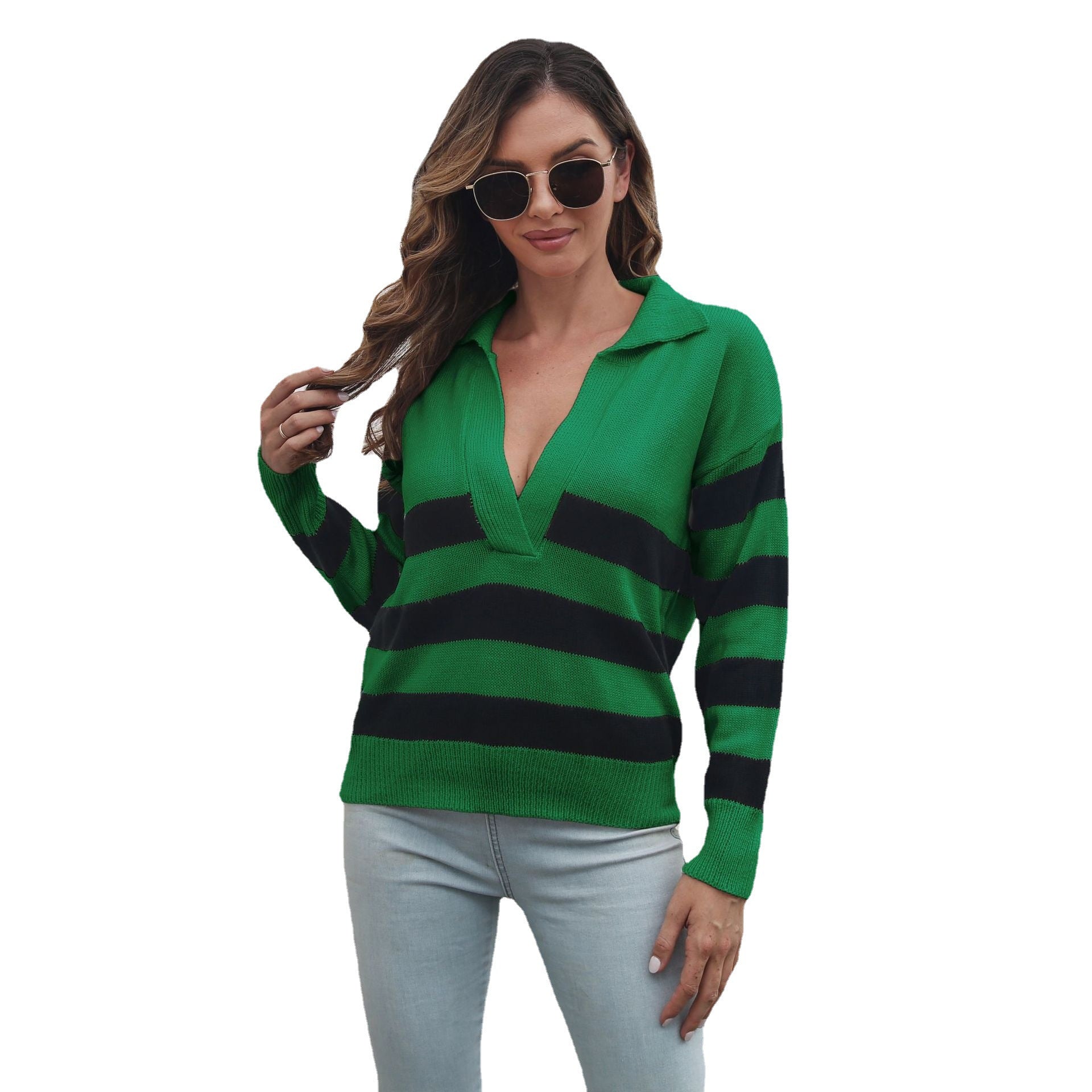 Damen Strickpullover mit großem Kragen und gestreiftem Design R&B
