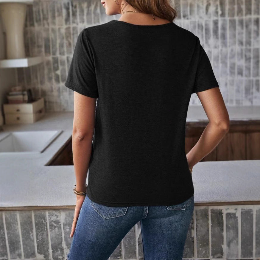 Damen Trendiges T-Shirt mit gestreiftem Design und Leder-Tasche R&B