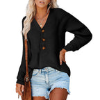 Damen Strickpullover mit V-Ausschnitt und dekorativen Knöpfen R&B