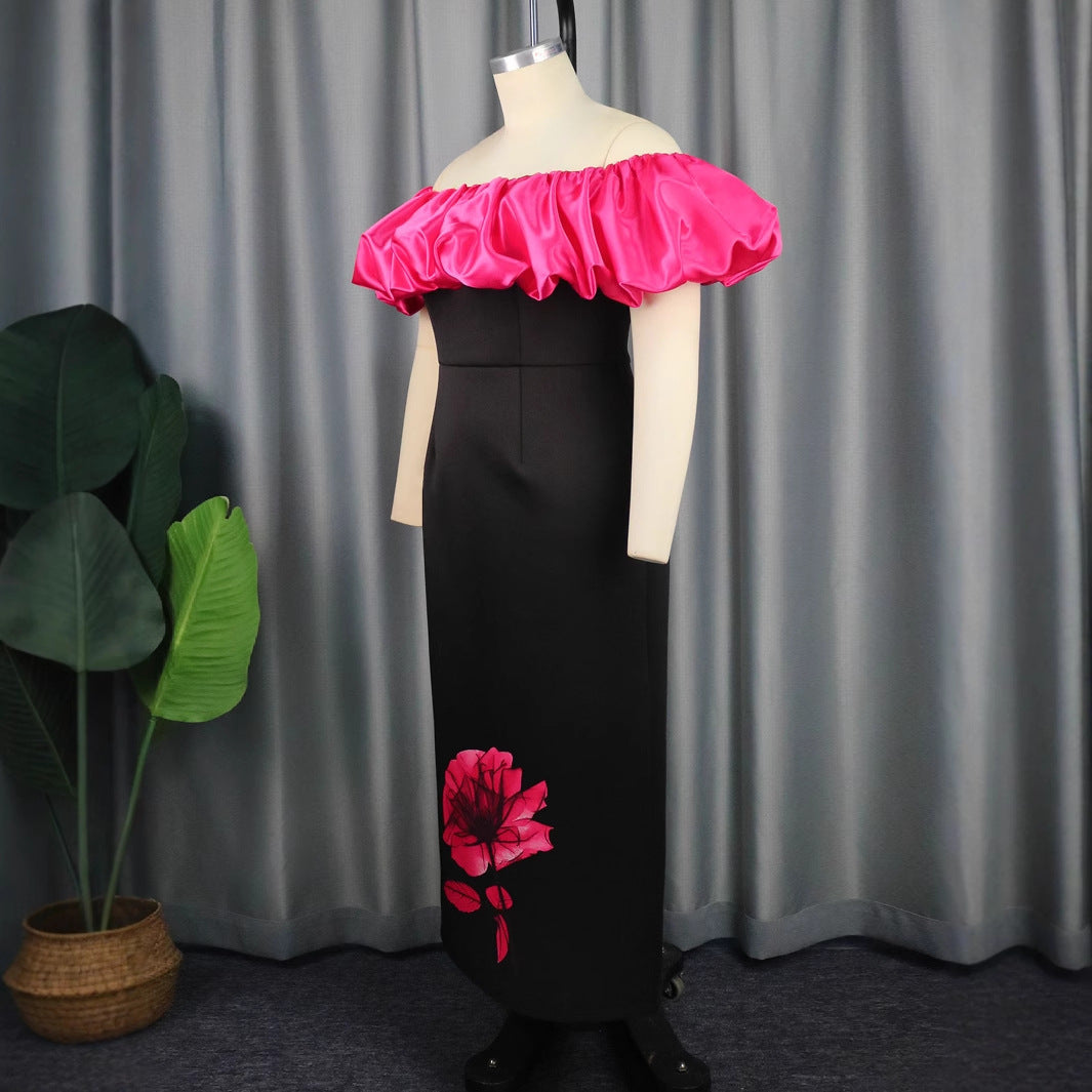 Damen elegantes Maxikleid mit voluminösem Rüschenkragen und floralem Print R&B