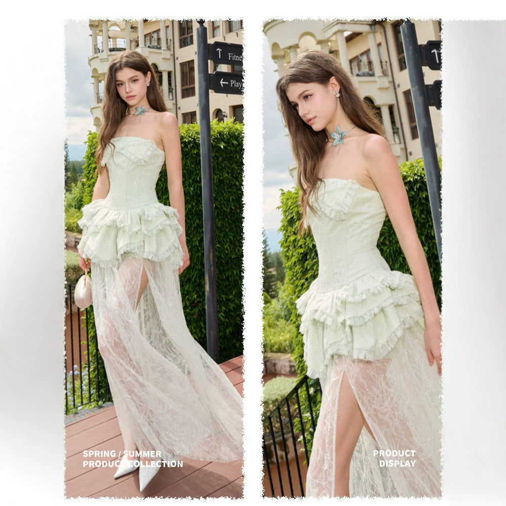 Damen Elegantes und luftiges Abendkleid mit Rüschendetails und transparentem Rock R&B