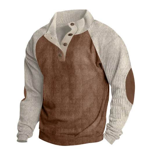 Herren nan thermischer Cordpullover mit Knopfleiste Stehkragen Raglanärmeln und Ellenbogenaufnähern R&B