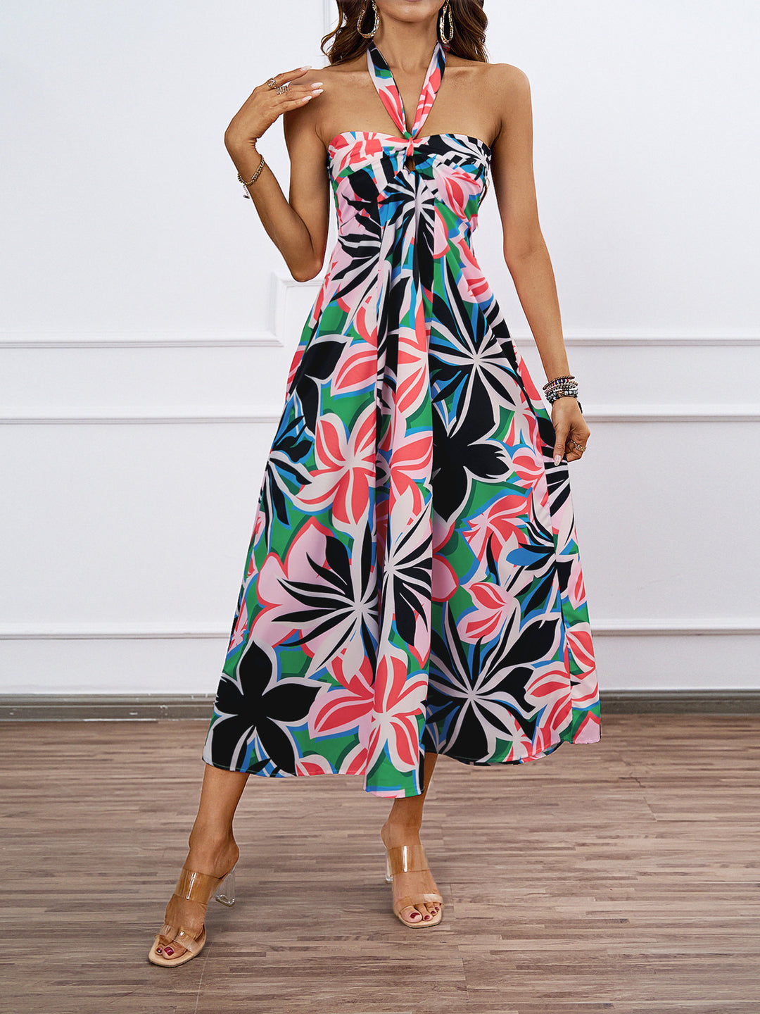 Damen Maxi-Bustierkleid mit floralen Akzenten und elastischem Oberteil R&B