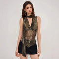 Damen Elegantes Top mit verstellbarem Kragen und transparenten Akzenten R&B