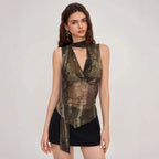 Damen Elegantes Top mit verstellbarem Kragen und transparenten Akzenten R&B
