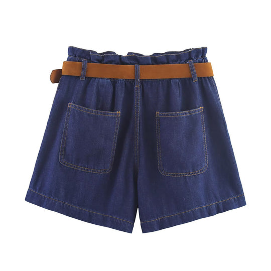 Damen Denim-Shorts mit hochwertigem Ledergürtel und elastischem Bund R&B