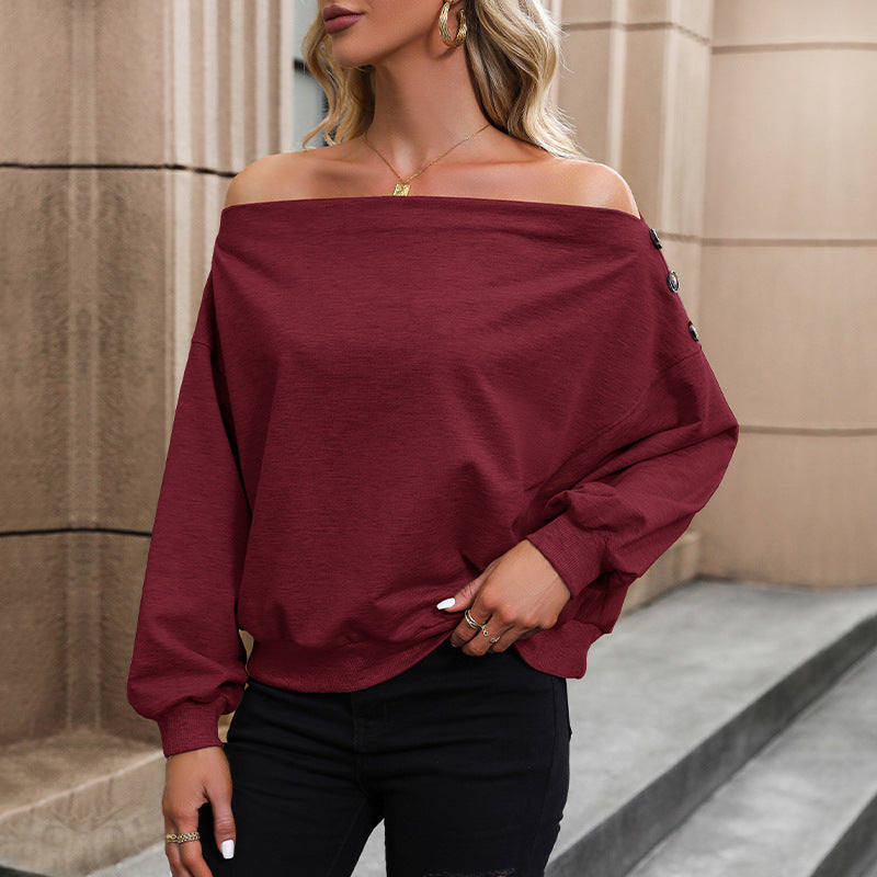Damen lässiges Off-Shoulder Sweatshirt mit dekorativen Knöpfen R&B