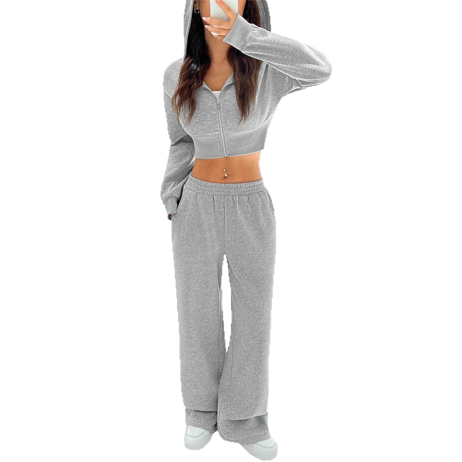 Damen sportliches Set aus weich fließendem Material mit Kapuze und weitem Schnitt R&B