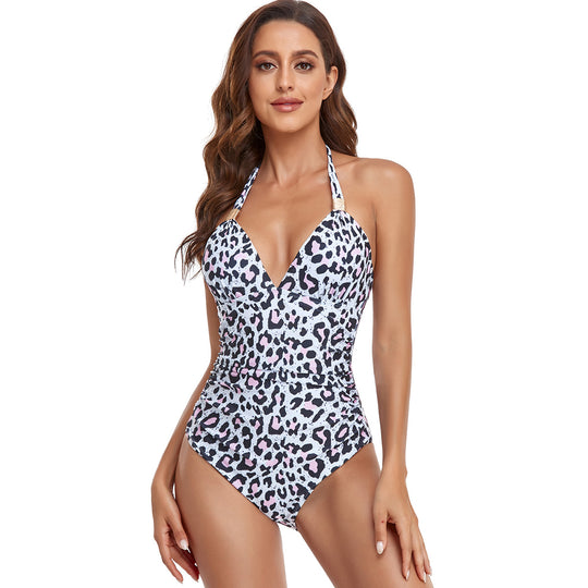 Damen einteiliger Badeanzug mit elegantem V-Ausschnitt und floralen Akzenten R&B