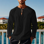Herren modisches Langarmshirt mit Schnürung und V-Ausschnitt R&B