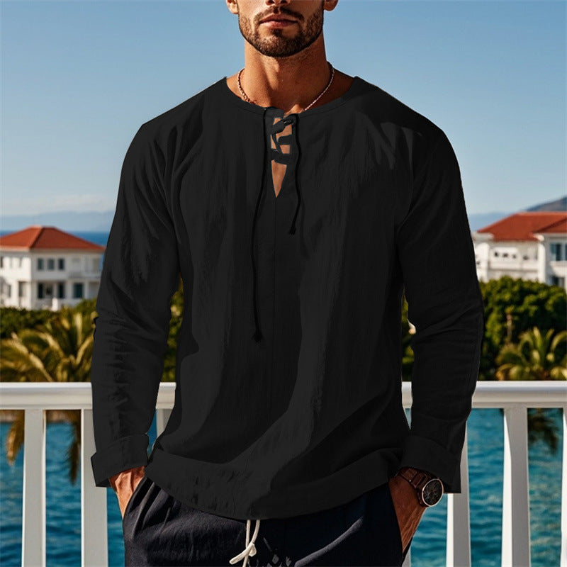 Herren modisches Langarmshirt mit Schnürung und V-Ausschnitt R&B