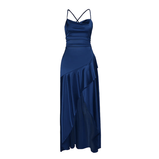 Damen luxuriöses Satin-Maxikleid mit asymmetrischem Schnitt R&B