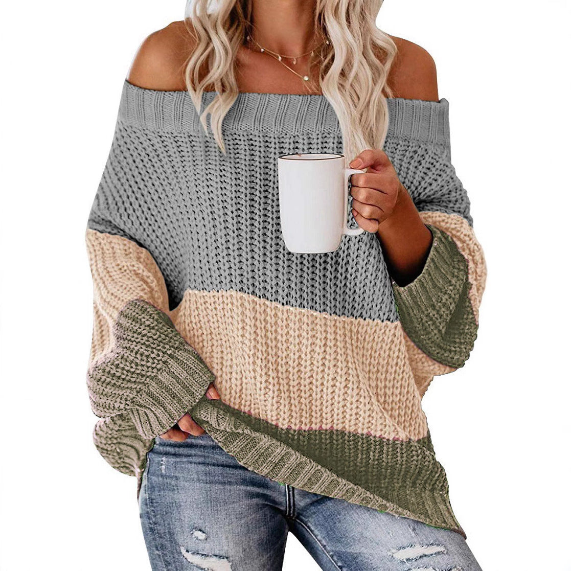 Damen lässiger Strickpullover mit weitem Ausschnitt und Farbblockdesign R&B
