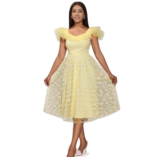 Damen Festliches Midikleid mit floralen Spitzenapplikationen und voluminösen Tüllärmeln R&B