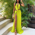 Damen Elegantes Cut-Out Maxikleid mit raffinierten Drapierungen und hohem Schlitz R&B