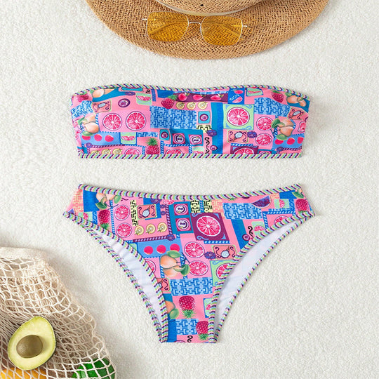 Damen Bandeau-Bikini mit fruchtigem Muster und dekorativen Kontrastnähten R&B